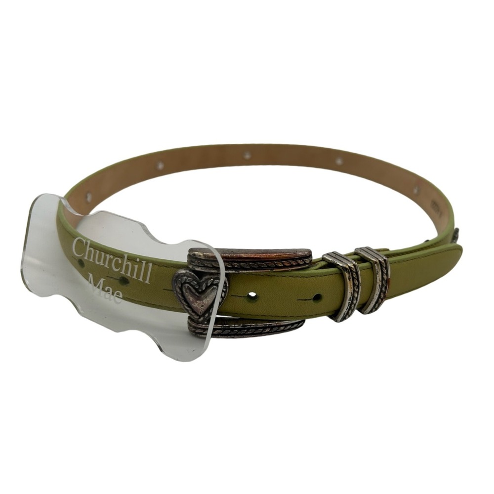 Y2K Brighton Lime Green Leather Belt Silver Heart Buckle Womens Size Medium